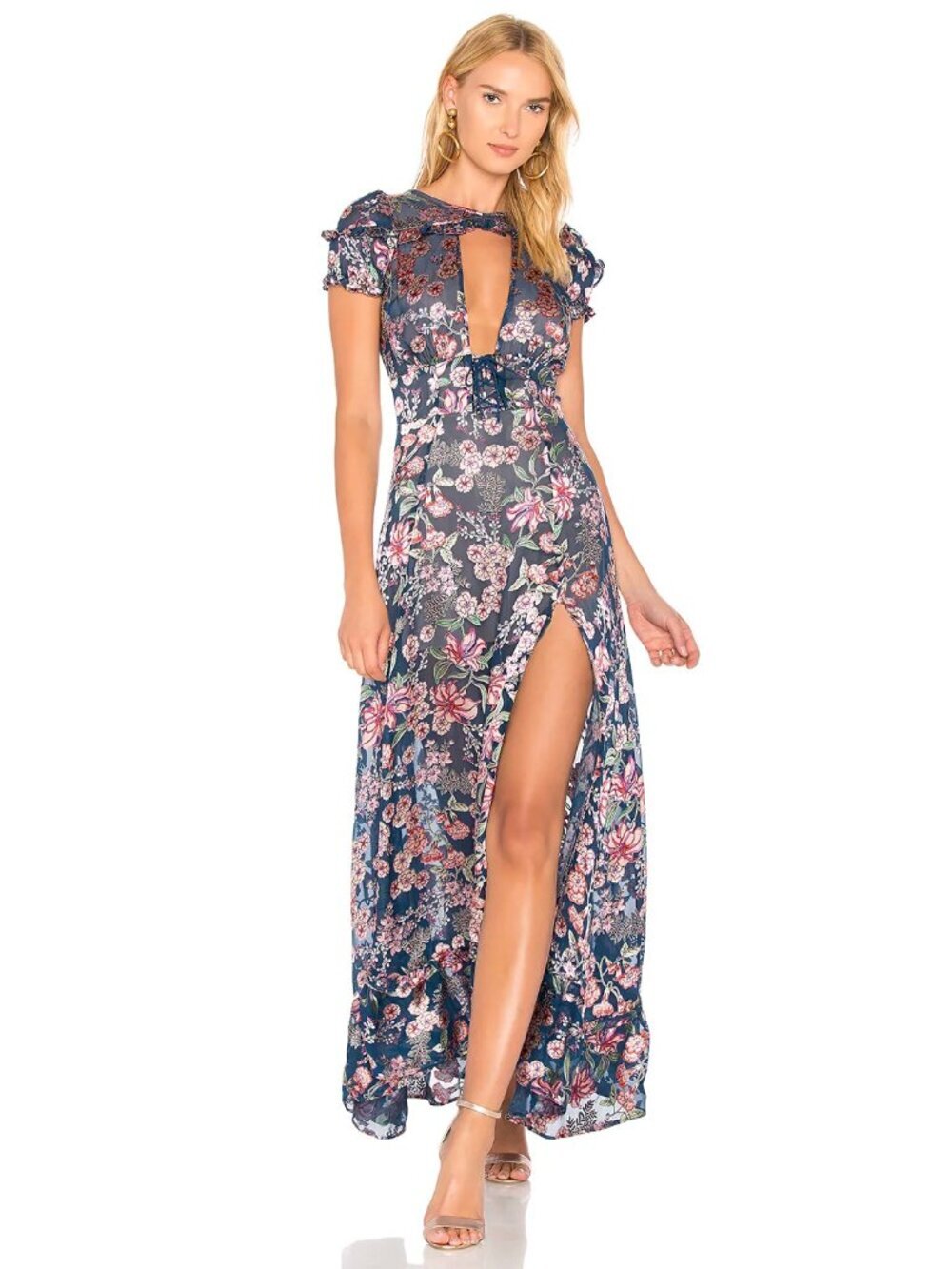 FOR LOVE & LEMONS Flora Navy Floral Viscose Silk Velvet Maxi Dress, Size L